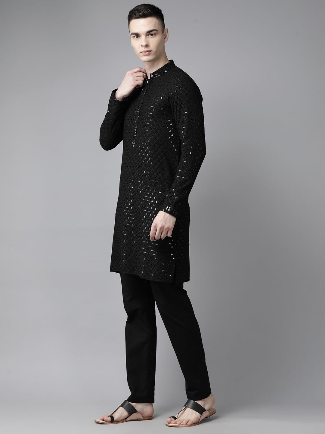 See Designs Mens Kurta | Specially Crafted And Designed For The Eid Festival Men Black Kurta Set Sequence Rayon Material | Sdekt