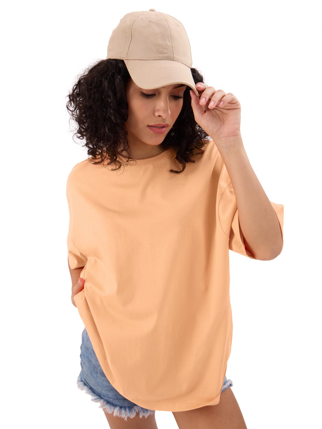 The Souled Store Solids: Fuzzy Peach Women and Girls Short Sleeves Round Neck Cotton Oversized T-Shirts