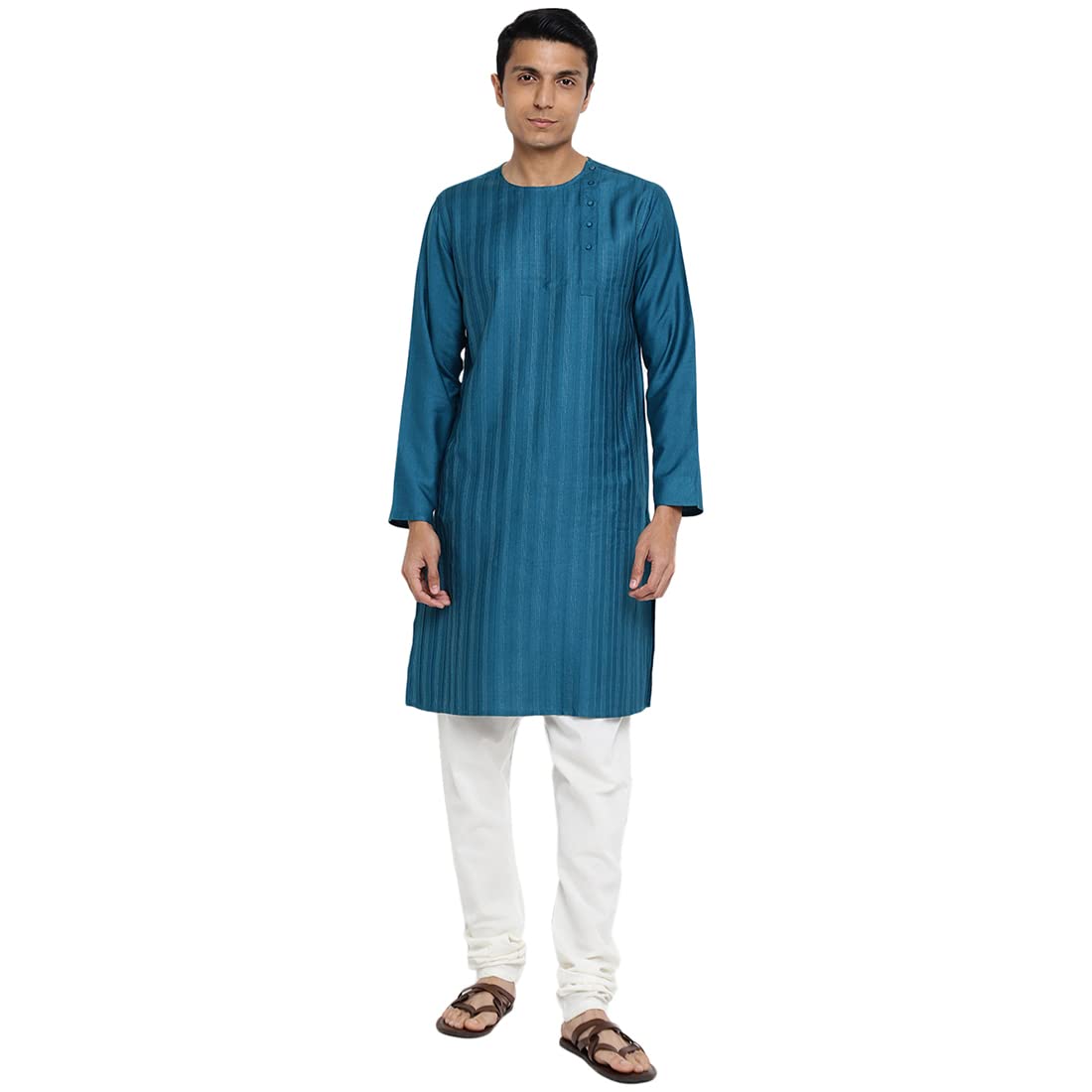 Fabindia Men Viscose Silk Pintucks Long Kurta Teal_L