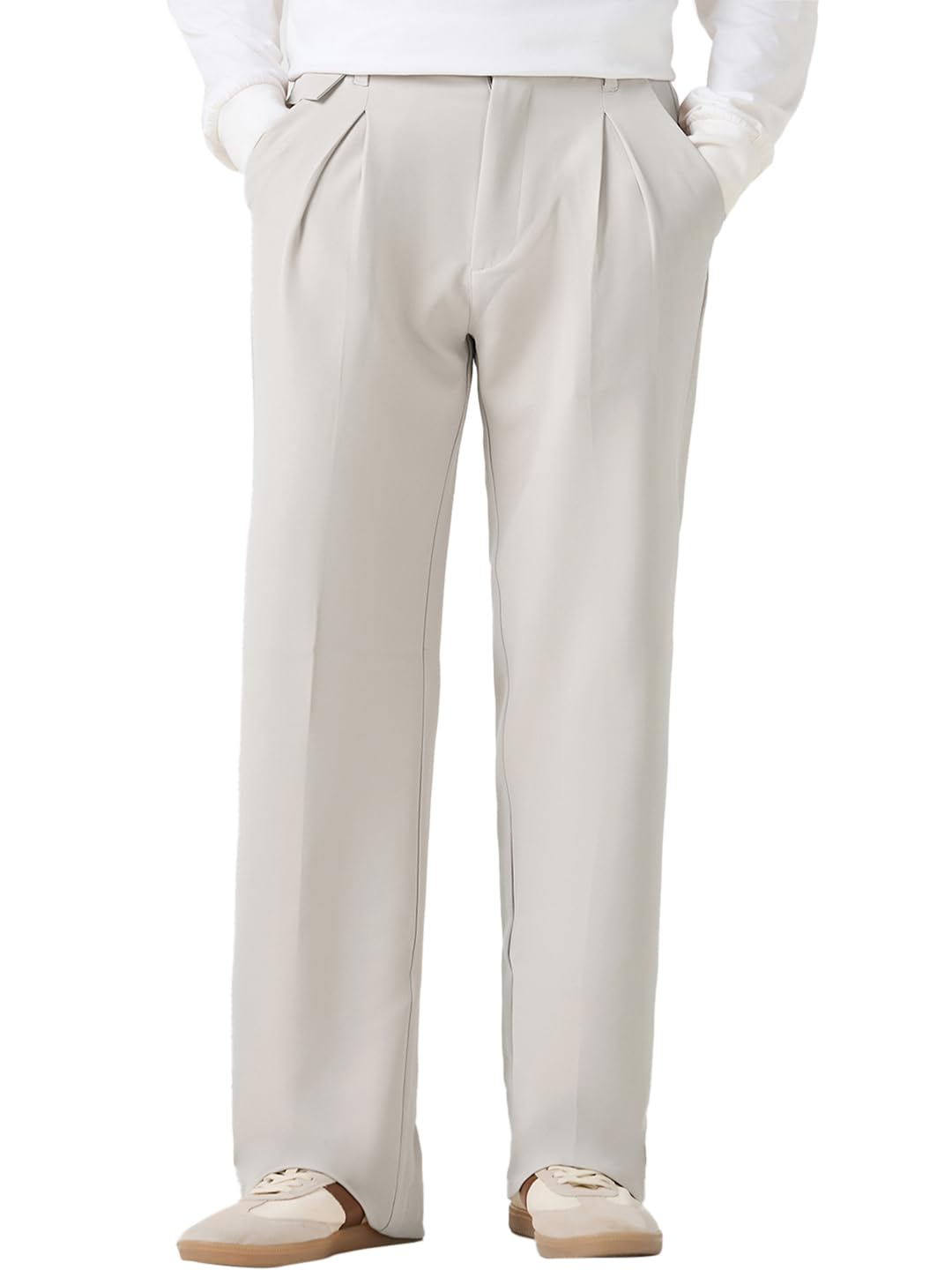 Bewakoof Mens Solid Loose Fit Polyester Blend Korean Pants_671338_Off White_L