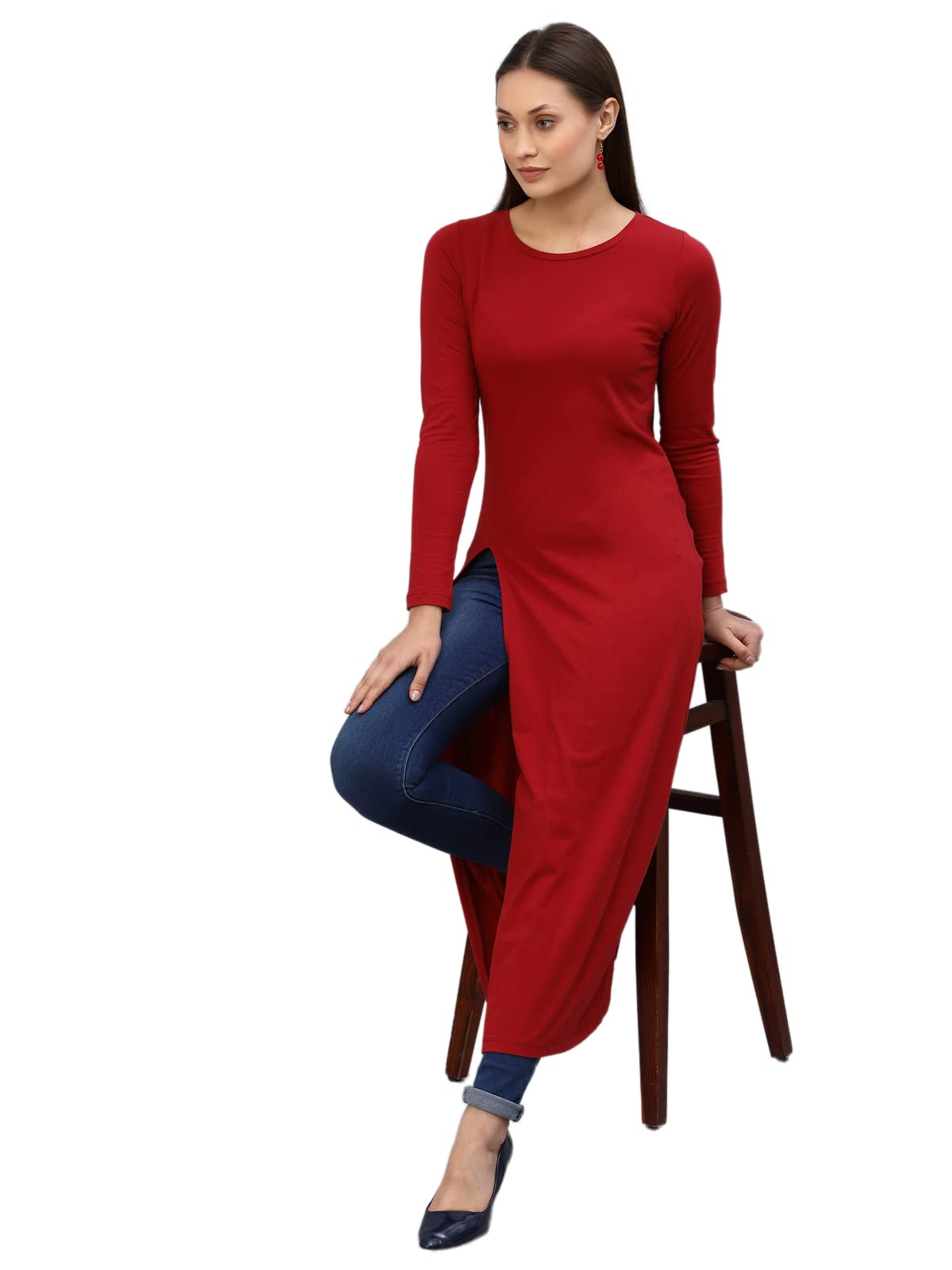 Rigo Cotton Maxi Full Sleeve Top for Women | Front Slit Round Neck Maxi Top for Women | Longline Stylish Tops for Women | Wester