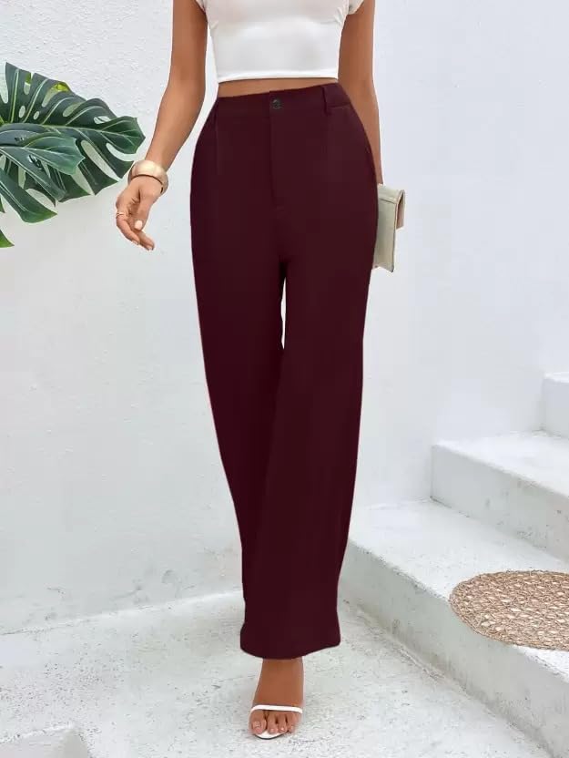 Fashion2Wear WomenS Laycra Straight Trouser With Solid Pattern Stretchable High Rise Regular Fit Classic Style And Standard Len
