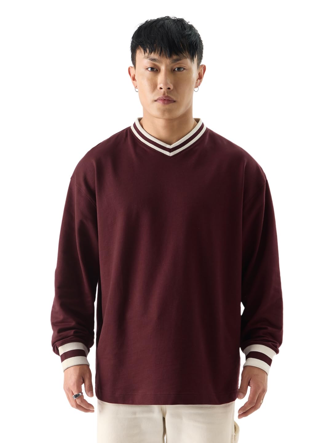 The Souled Store Solids: Burgundy Men and Boys V-Neck Full Sleeve Oversized Fit T-Shirts Oversized Mens T-Shirts Solid Basic Te
