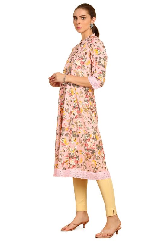 Soch Womens Pink Floral Printed Cotton Flex Mandarin Collar Kurta With Lace