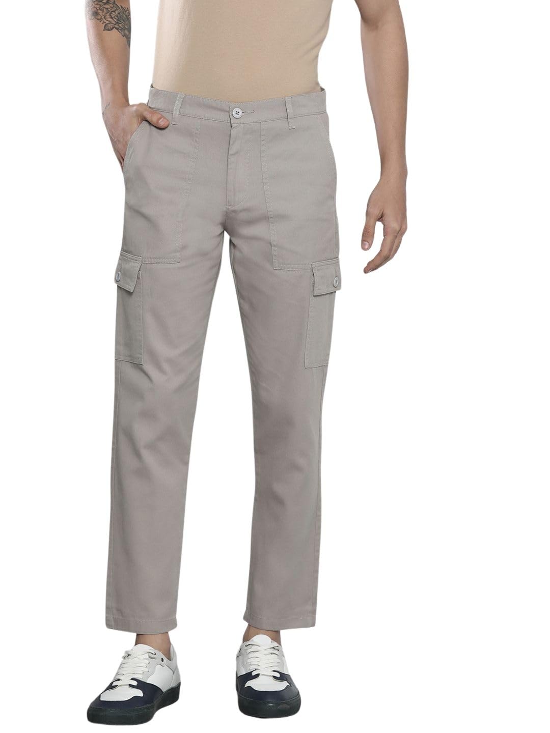 The Indian Garage Co Men Slim Fit Solid Mid-Rise Cargos Cloud Grey