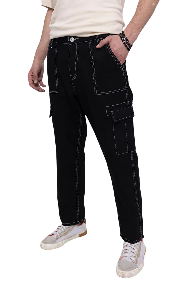 Kotty MenS Solid Mid Rise Straight Fit Stylish Looking Cargo Jeans(Black,34)