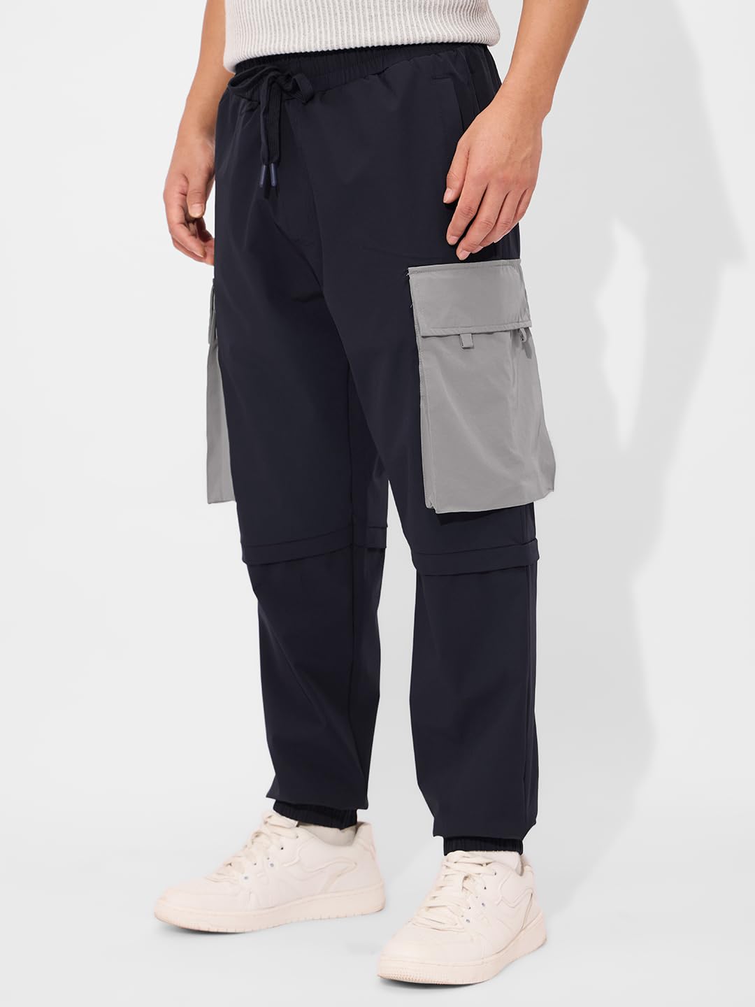 The Souled Store Solids: Navy Blue and Grey Men and Boys Drawstringed Baggy Fit Cargo Joggers