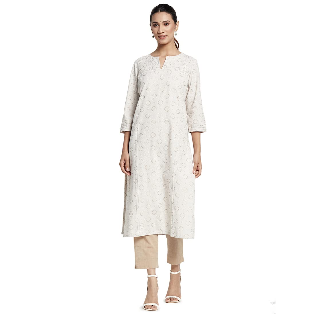 Fabindia Women Cotton Hand Block Print Long Kurta Natural_M