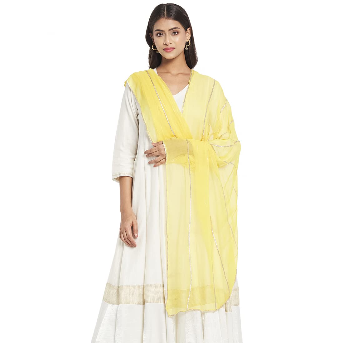 Fabindia Women Viscose Blend Striped Dupatta Yellow_Freesize