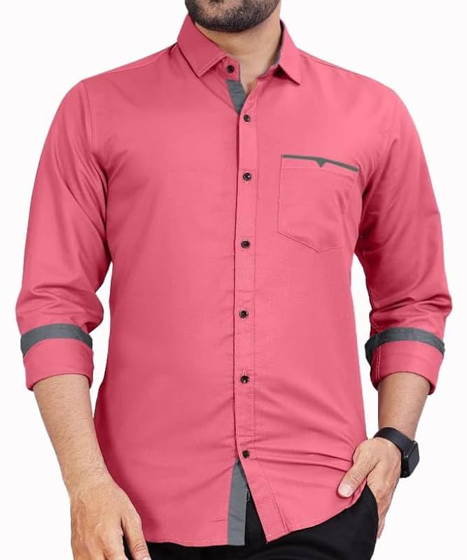 Tee Projekt Mens Regular Fit Solid Soft Touch Cotton Casual Shirt with Pocket Design with Spread Collar & Full Sleeves. Pink