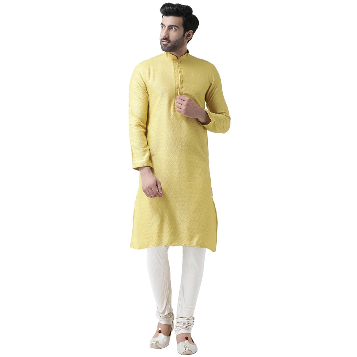 Kisah Men Yellow White Self Design Kurta With Churidar, Full Sleaves, Knee Length, Straight, Regular Fit, Mandarin Collar Ethnic