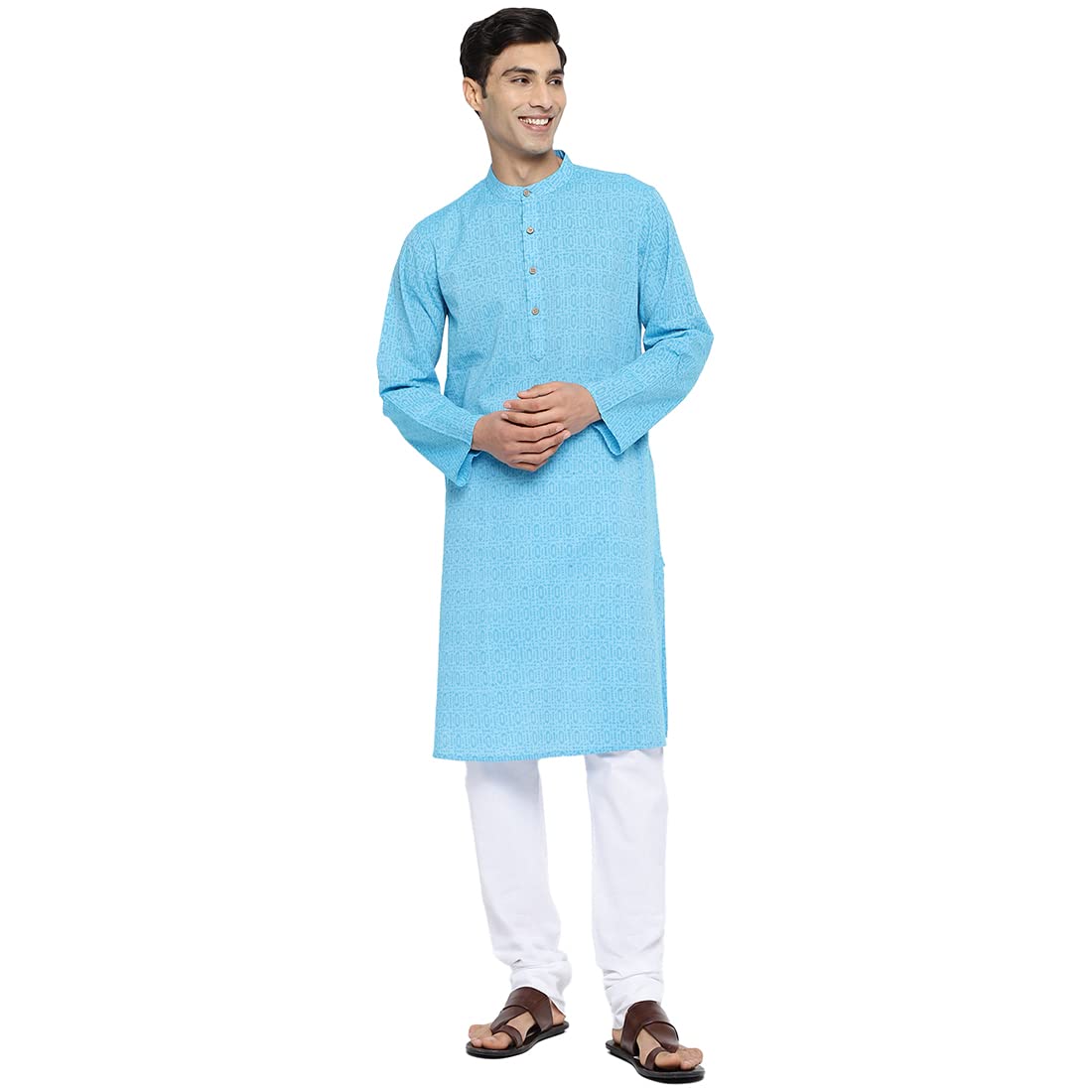 Fabindia MenS Cotton Woven Relaxed Kurta (102883202_Lightblue