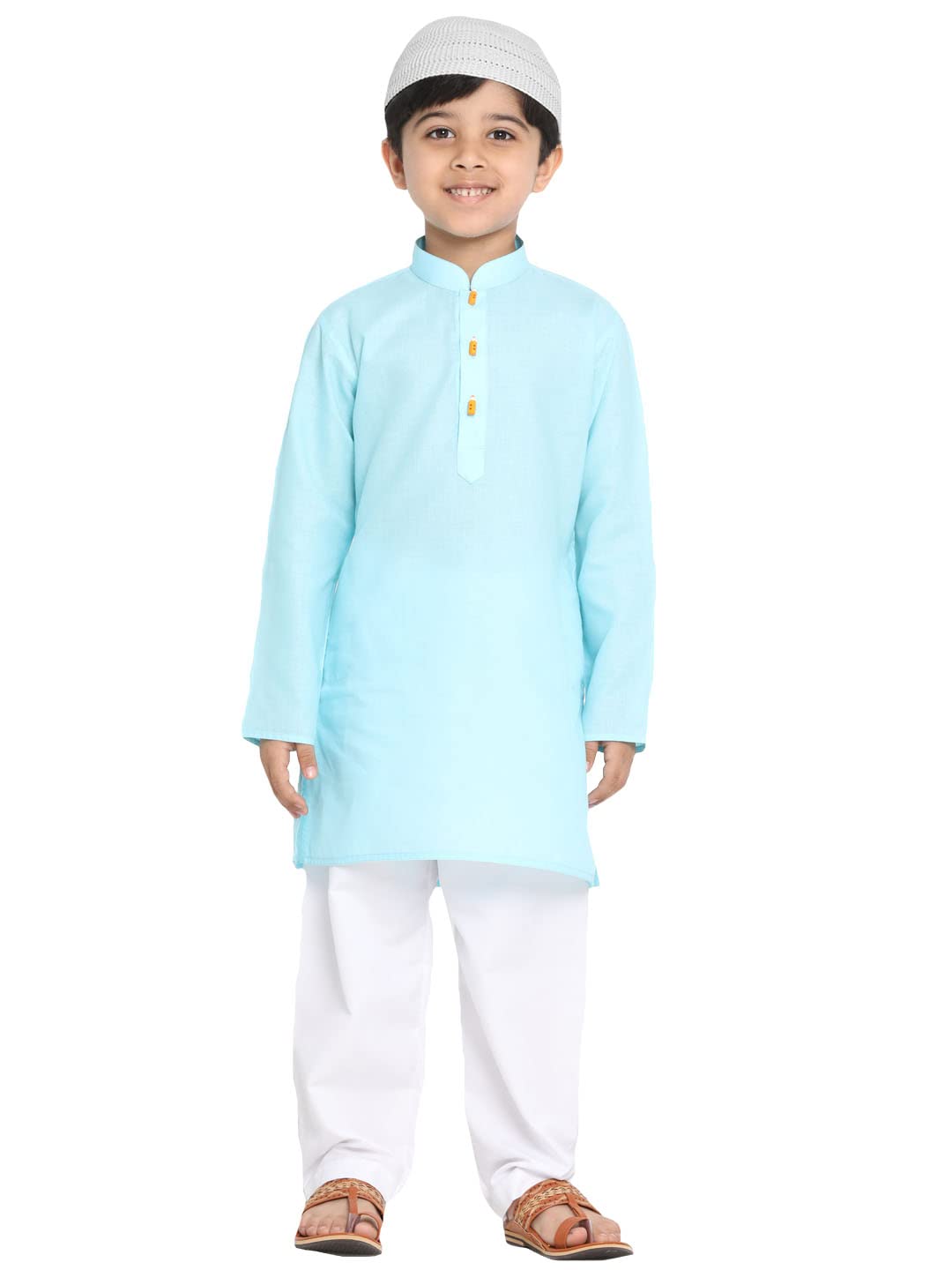 Jbn Creation Boys Blue Cotton Blend Kurta Pyjama And Cap Set