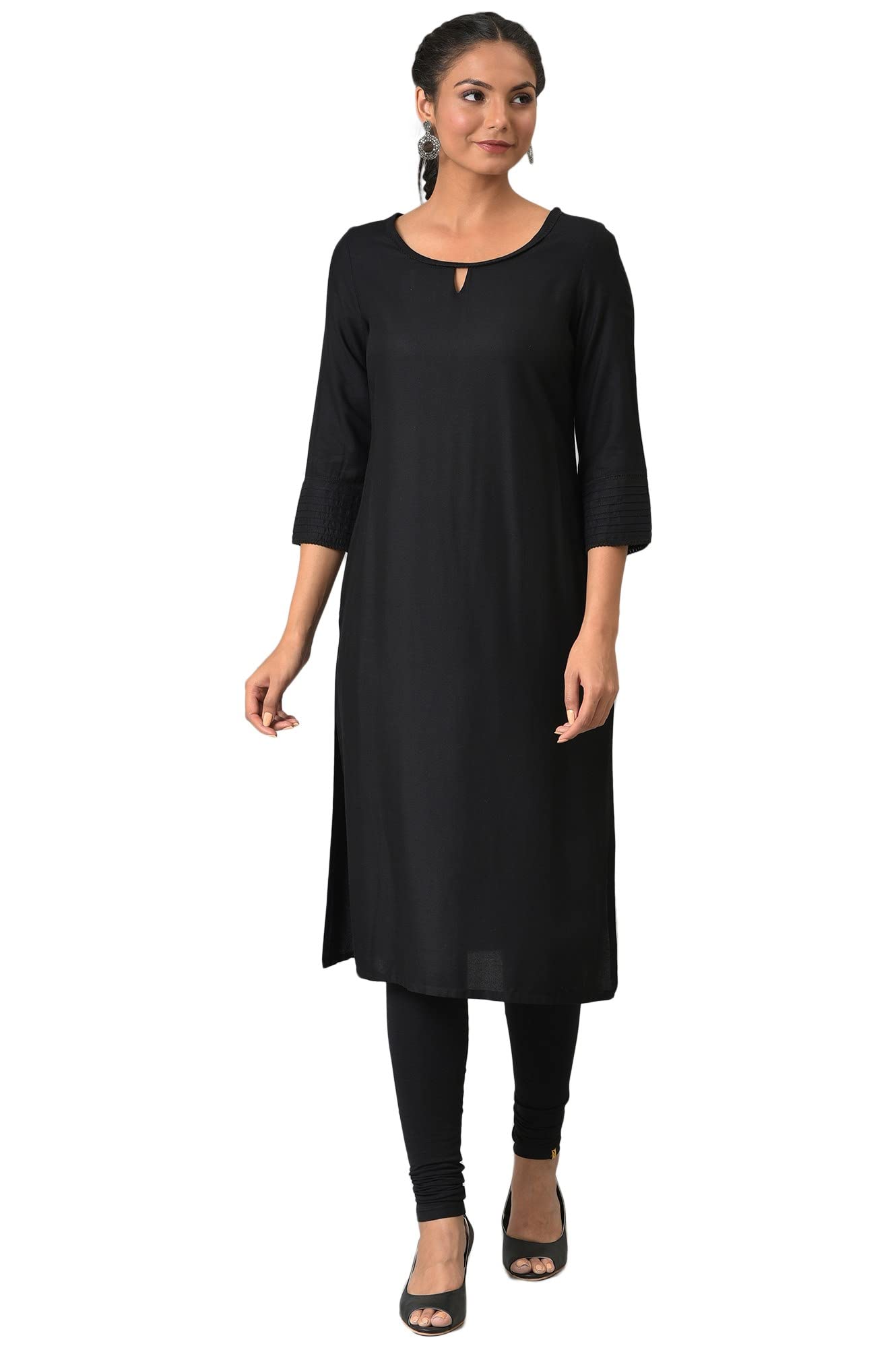 Black Rayon Kurta With Lace Detail