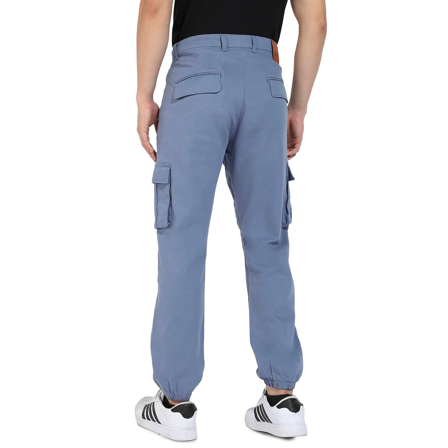 Campus Sutra Mens Blue Cuffed Hem Cargo Trousers for Casual Wear | 6 Pockets | Regular Fit | Button Closure | Cotton Poly Cargo