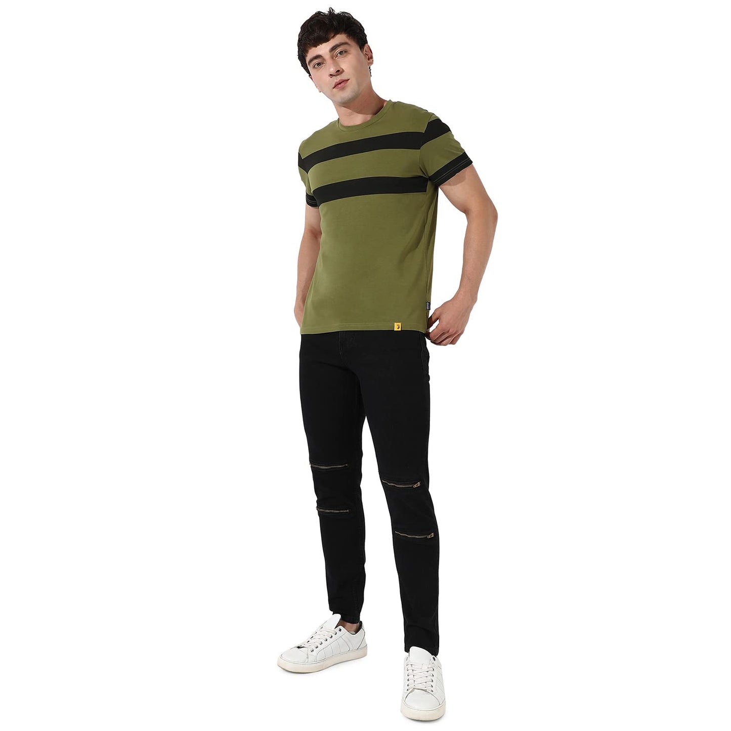 Campus Sutra Mens Black Zip Detail Slim Fit Denim Jeans | Stretchable Cotton Mid-Rise Denim Jeans Crafted with Comfort Fit and
