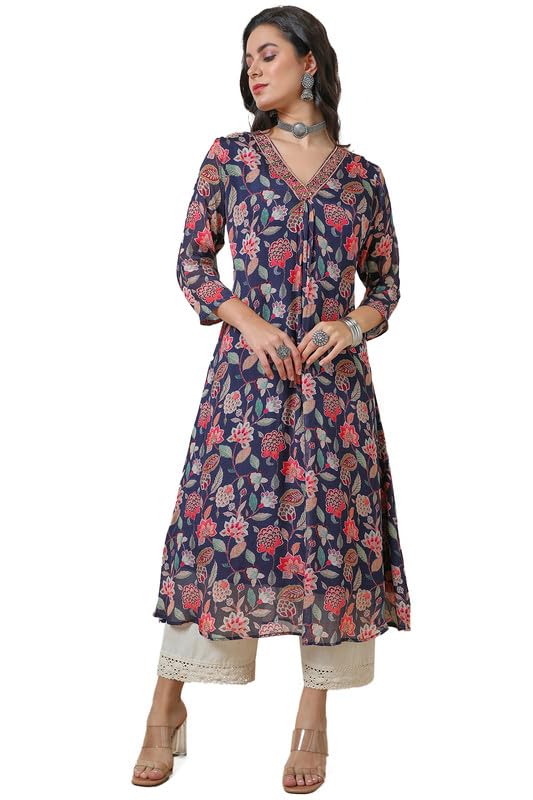 Soch Womens Navy Blue Chinon Botanical Print A Line Kurta