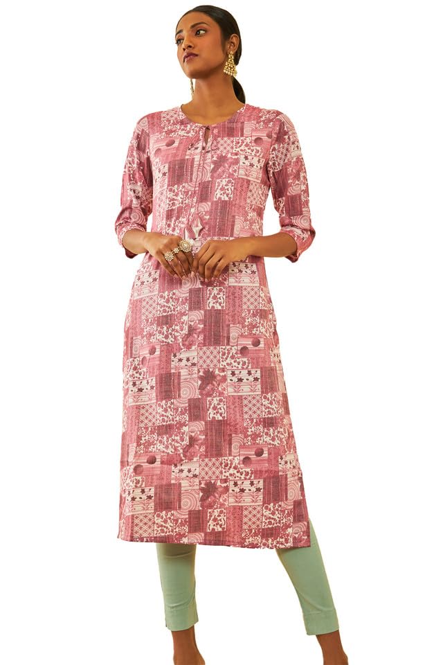 Soch Womens Rayon Abstract Printed Straight Kurta with Tie-Ups