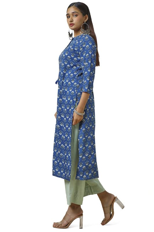 Soch Womens Blue Rayon Floral Print Kurta with Faux Mirror