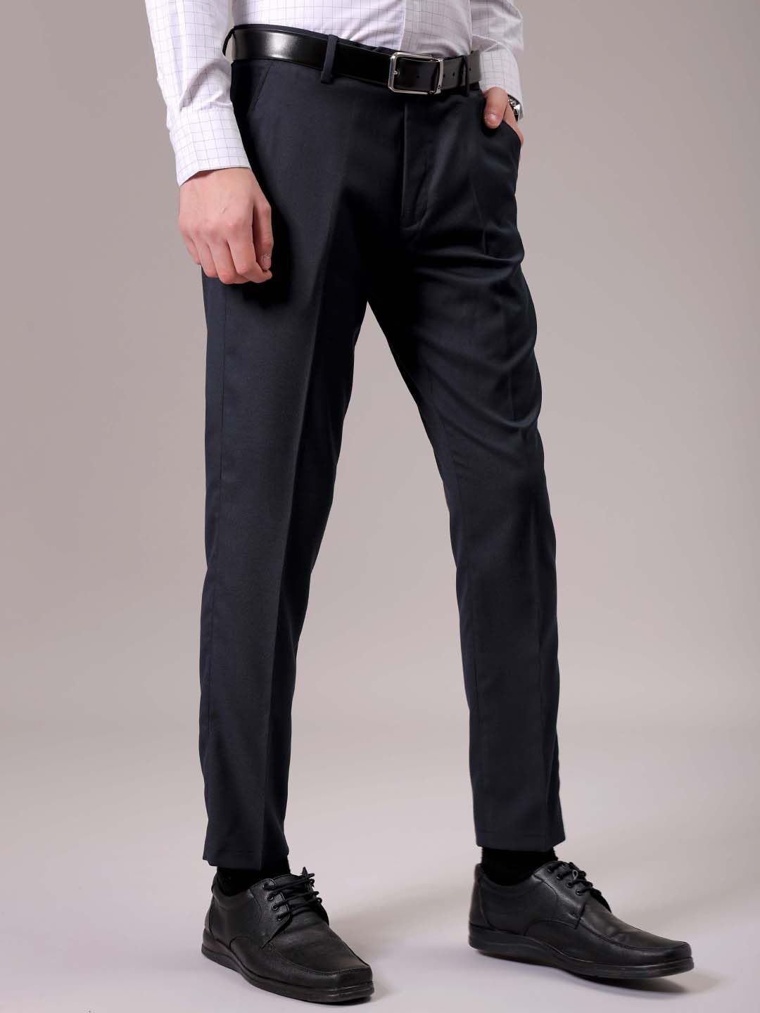 The Indian Garage Co Men Slim Fit Self Design Mid-Rise Stretchable Formal Trousers Dark Navy