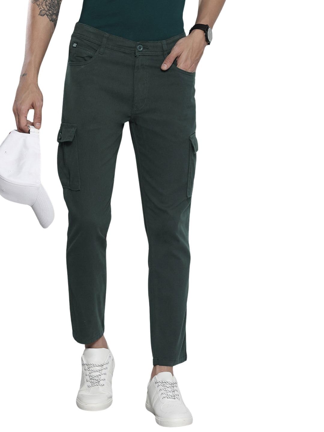 The Indian Garage Co Men Slim Fit Solid Mid-Rise Stretchable Cargos Jungle Green