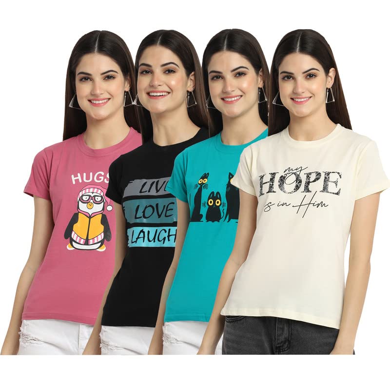 Preneum Womens Cotton Regular Fit Latest Graphic Stylish Printed Short Sleeves Casual T-Shirt || Latest Trendy & Styles (Pack 4