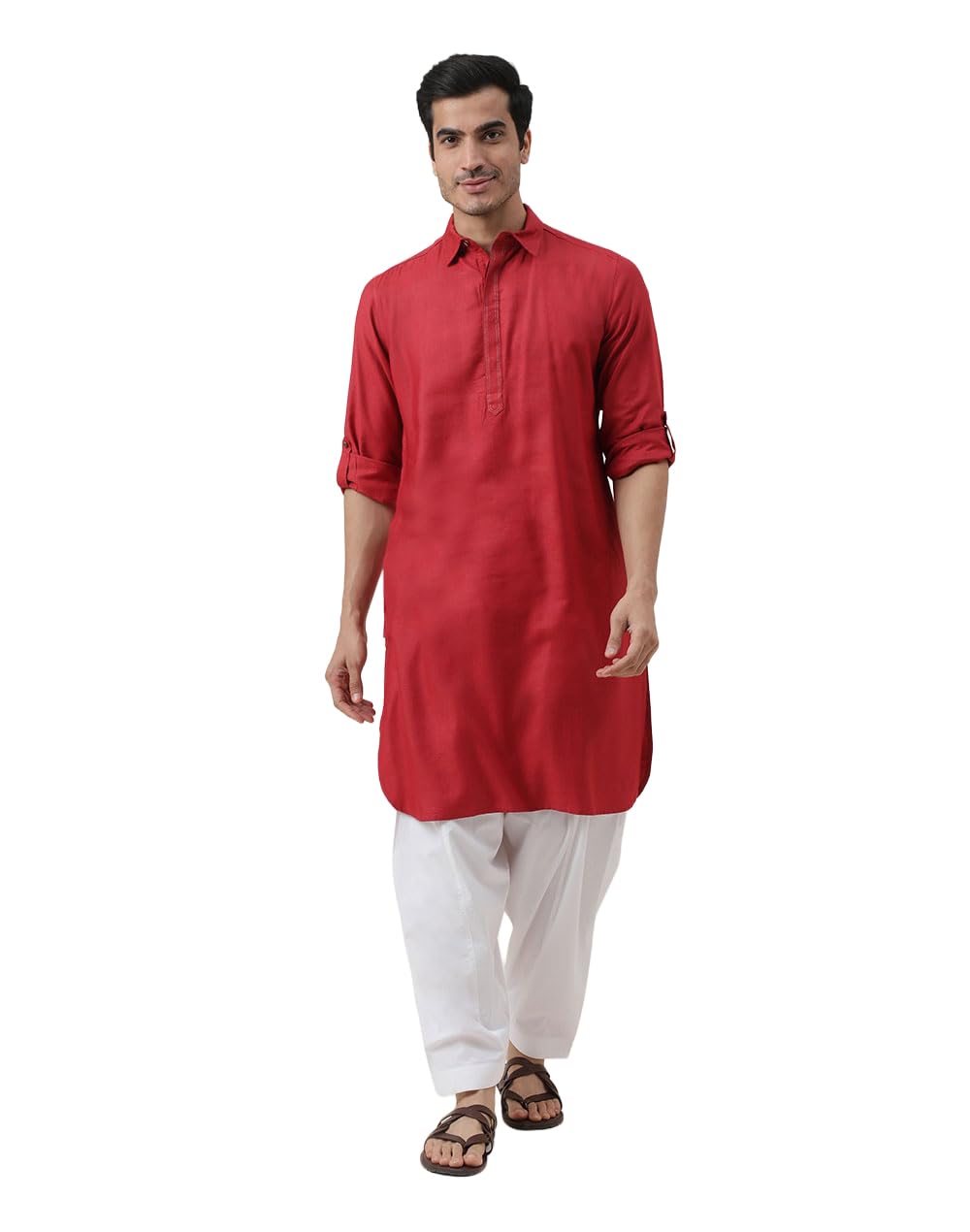 Fabindia Men's Viscose Silk Regular Pathani Kurta (102408301_Red