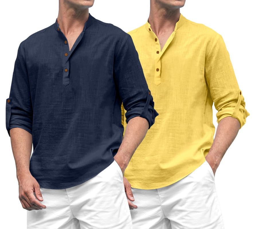 Royalscout Combo Of MenS Solid Cotton Blend Full Sleeve Straight Kurta Shirt (Pack Of 2) Navy-Yellow