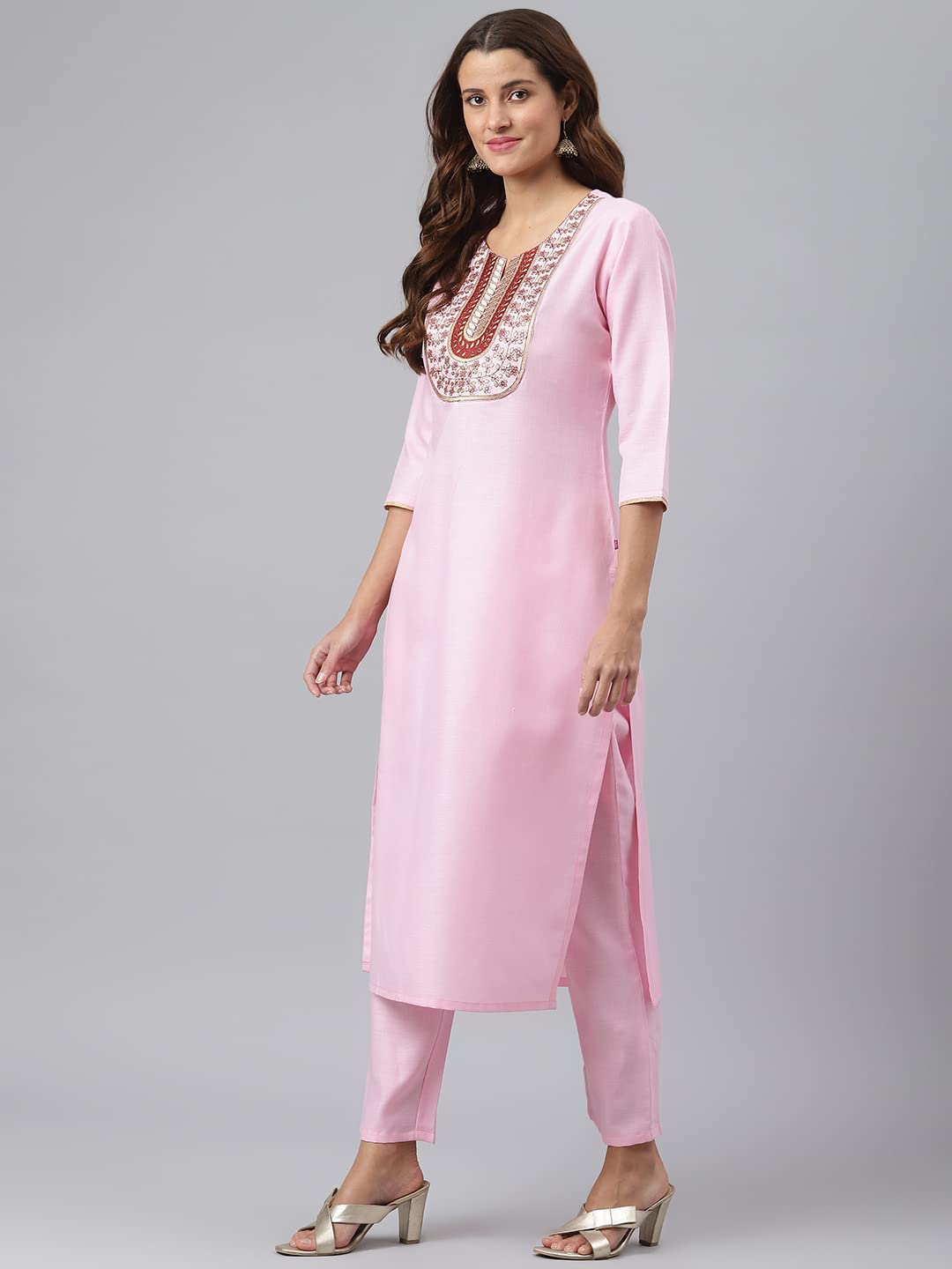 GoSriKi Women's Cotton Blend Straight Solid Kurta with Pant & Dupatta (Ramaneey_New-GO)