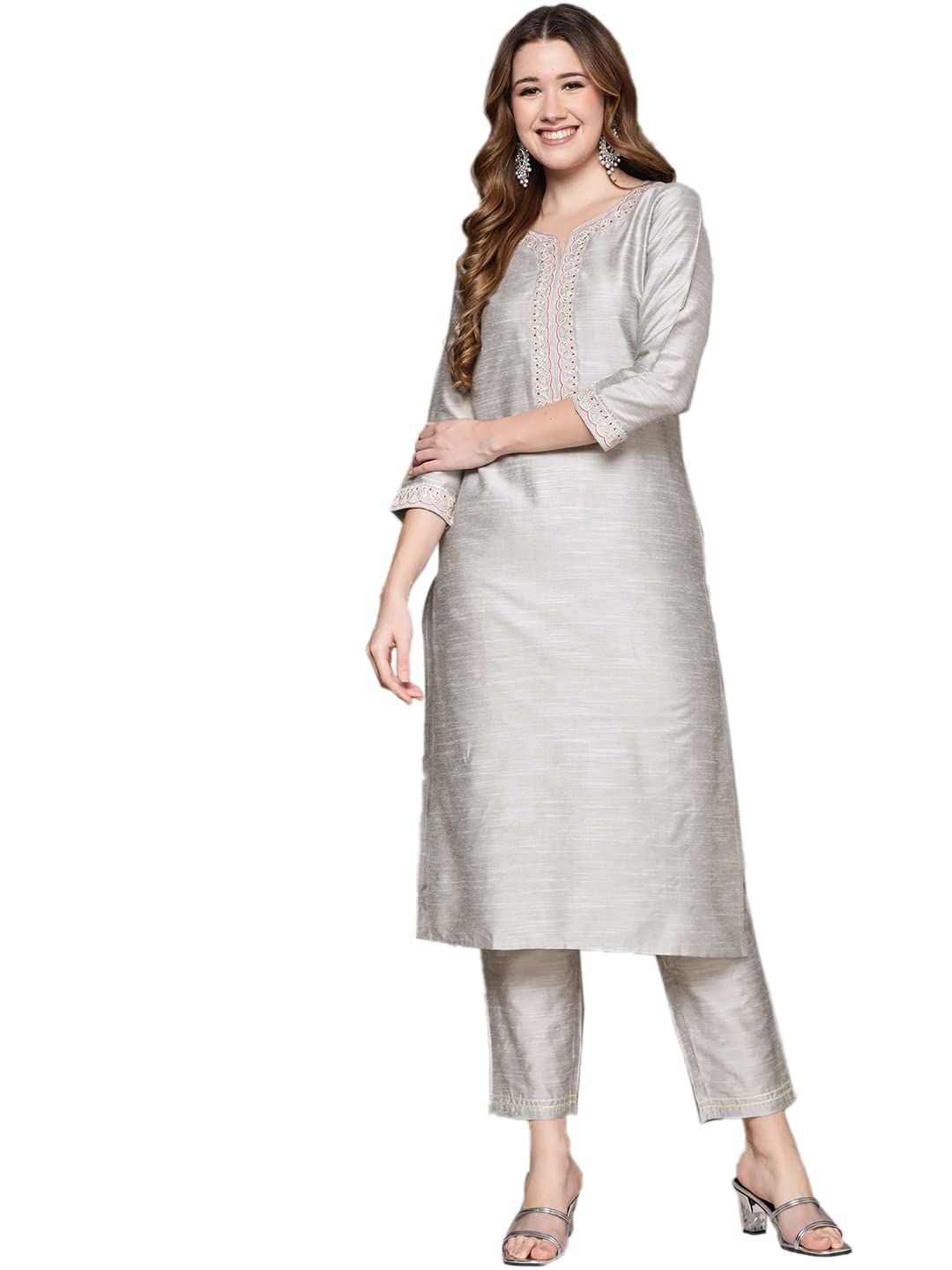 Anubhutee WomenS Cotton Grey Ethnic Motifs Zari Work Embroidered Straight Kurta Suit Set With Trousers