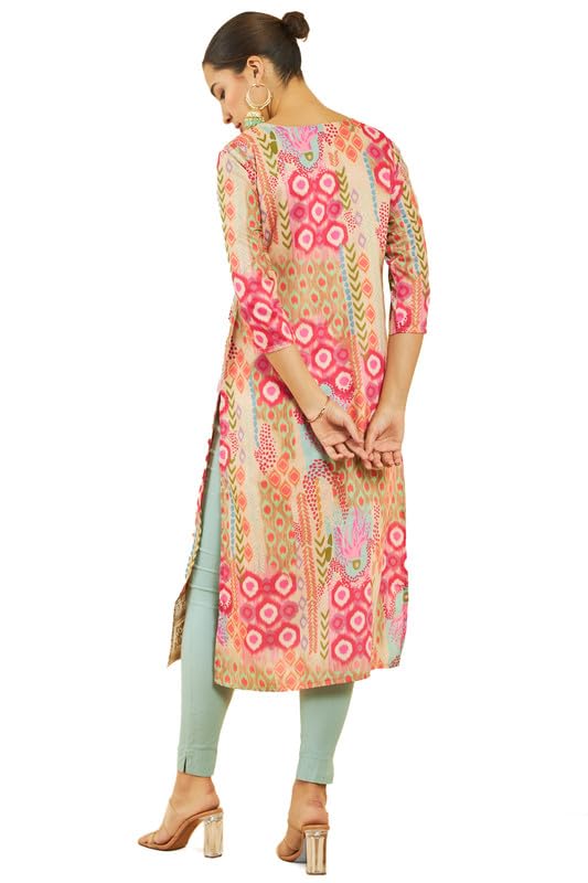 Soch Womens Multicolour Muslin Printed Straight Kurta with Floral Embroidery