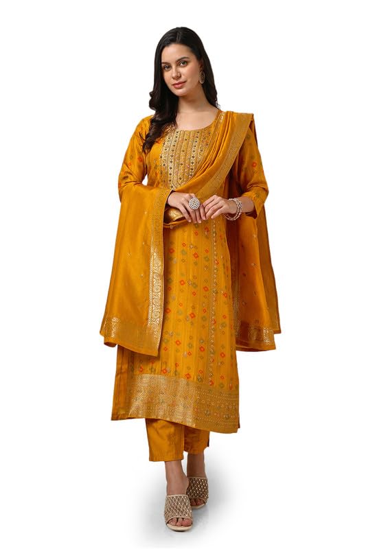 Soch Womens Mustard Brocade Suit Set With Beads And Stones
