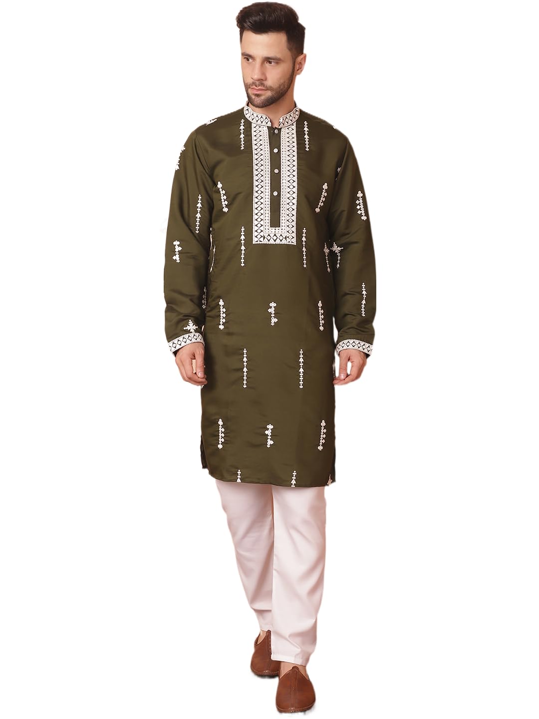 Jompers Mens Collar Chikankari Embroidered Kurta Pyjama Set