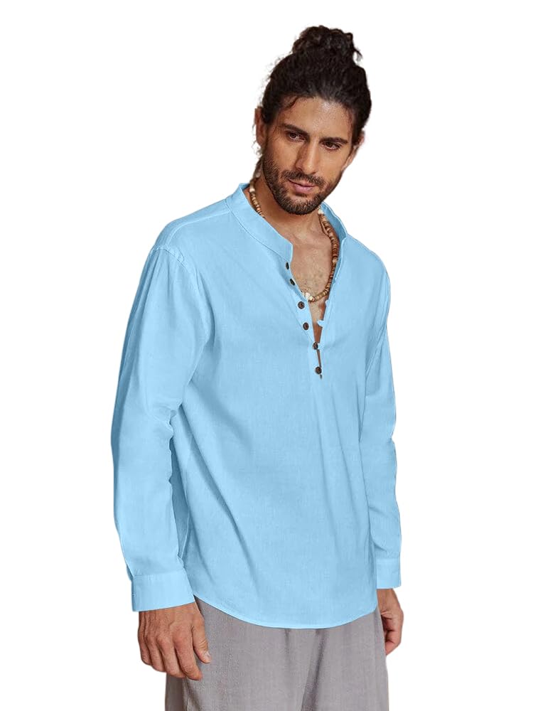 Royalscout MenS Cotton Solid Full Sleeve Short Kurta Shirt Sky