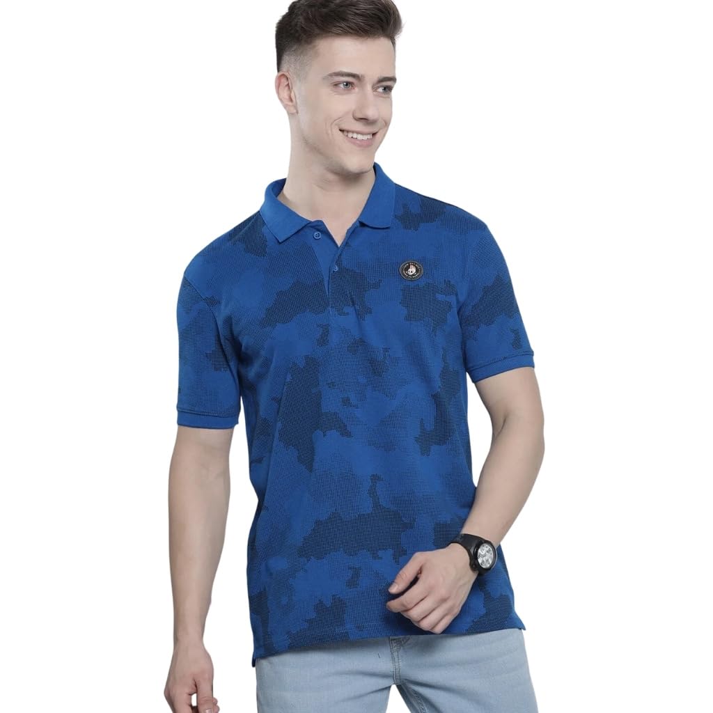 The Indian Garage Co Men Slim Fit Abstract Printed Polo Collar Tshirt Cobalt Blue