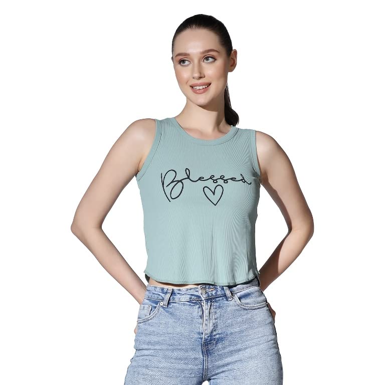 Leriya Fashion Tops For Women | Ribbed Blessed Printed Western Sleeveless Regular Fit Tank Crop Tops For Girls | Casual | Colleg