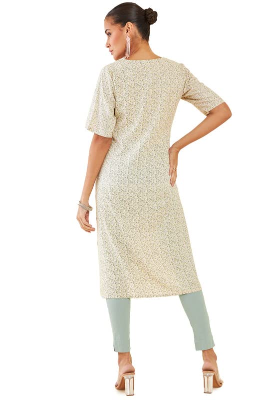 Soch Women Light Yellow Rayon Straight Kurta With Floral Print