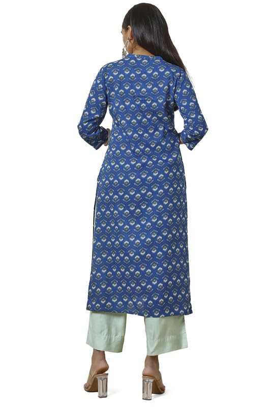Soch Womens Blue Rayon Floral Print Kurta with Faux Mirror