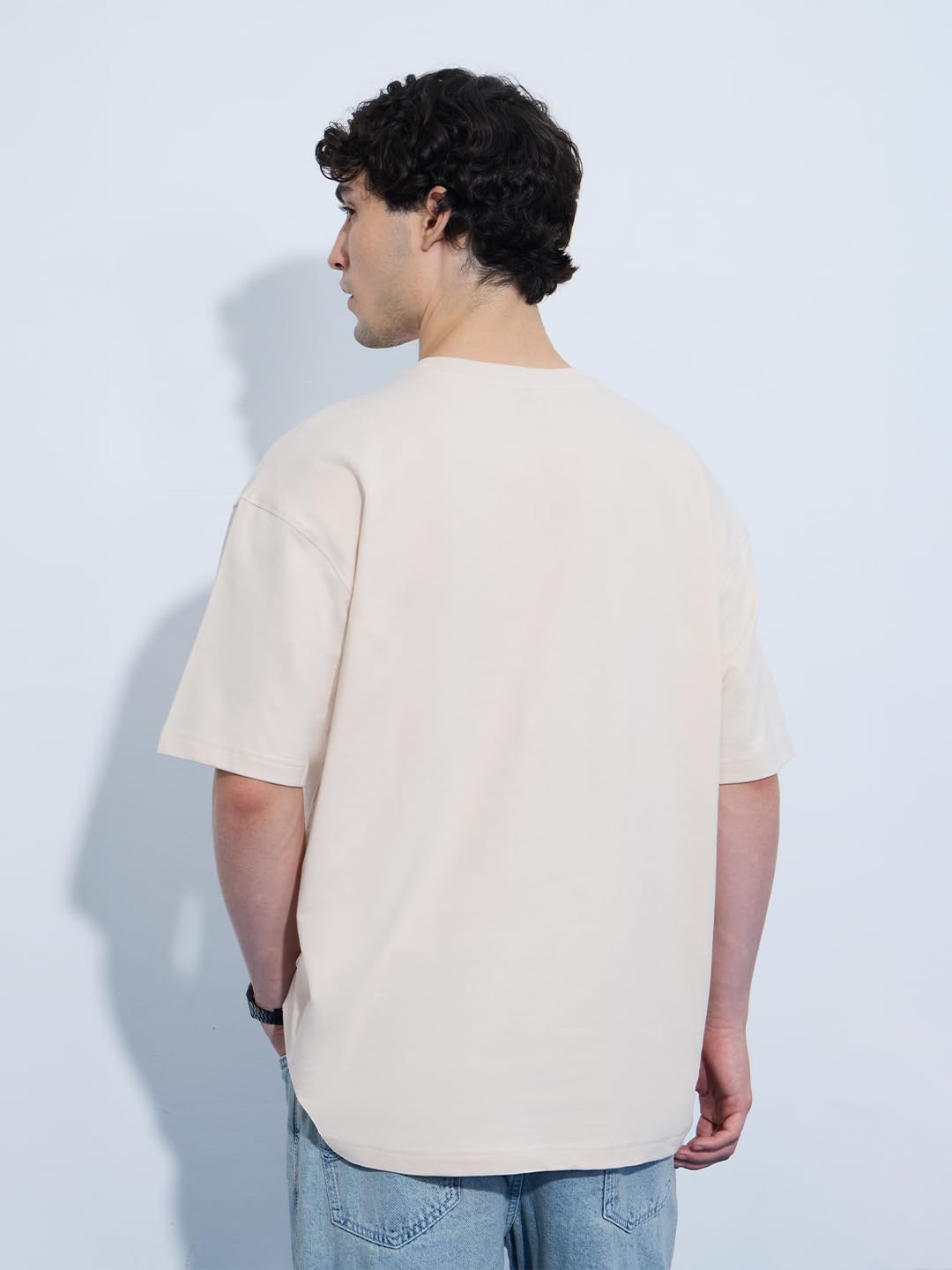The Souled Store Oversized T-Shirt: Bear Minimum Men and Boys Short Sleeves Round Neck Beige Graphic Printed Cotton Oversized T-