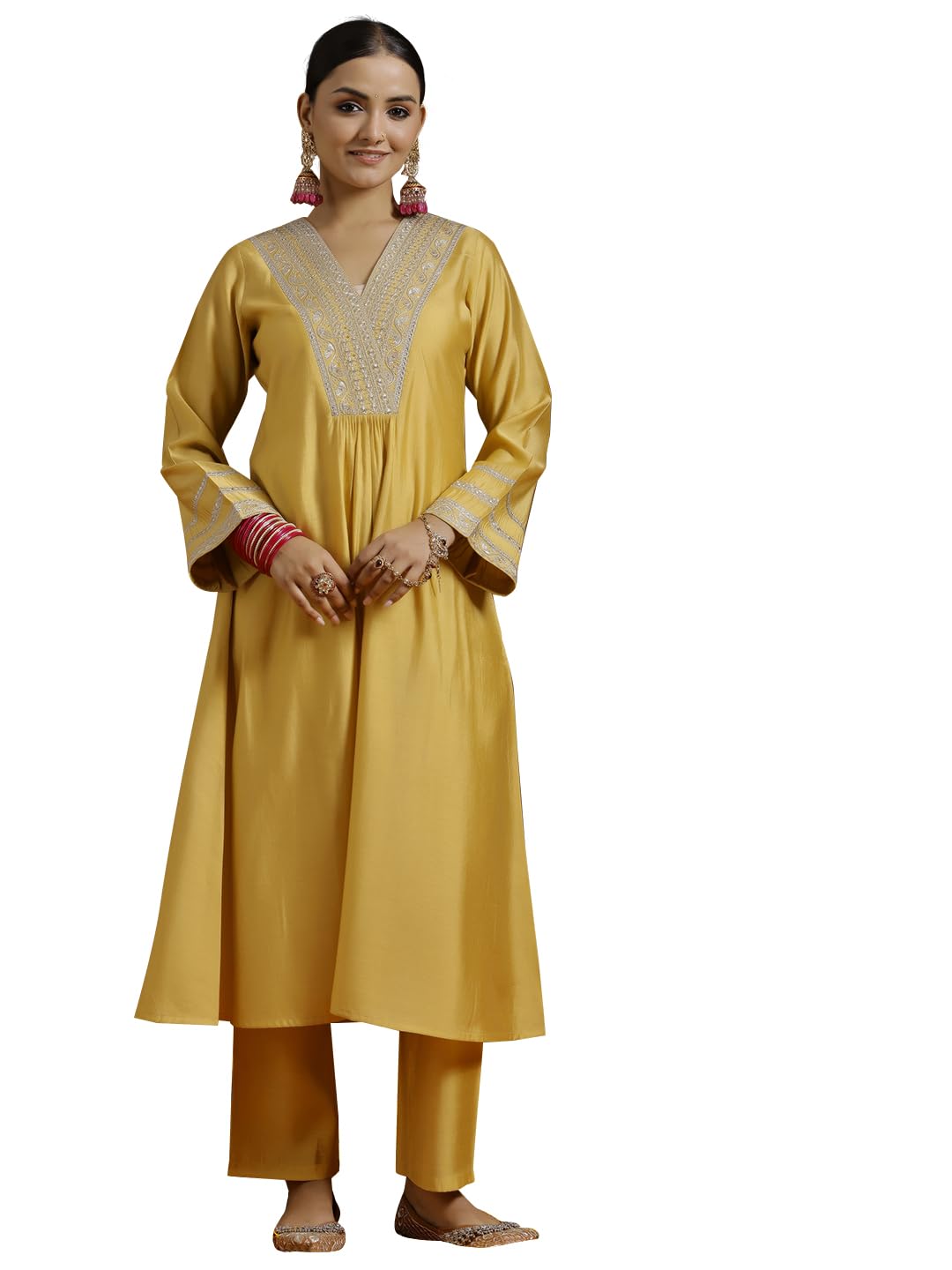 Libas Gerua Womens Yoke Design Silk Blend A-Line Kurta With Trousers