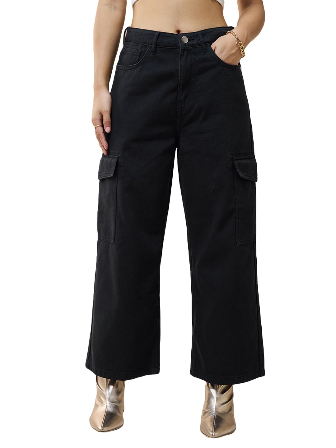 Bewakoof Womens Baggy Stright Fit Cropped Jeans_624272_Black_36