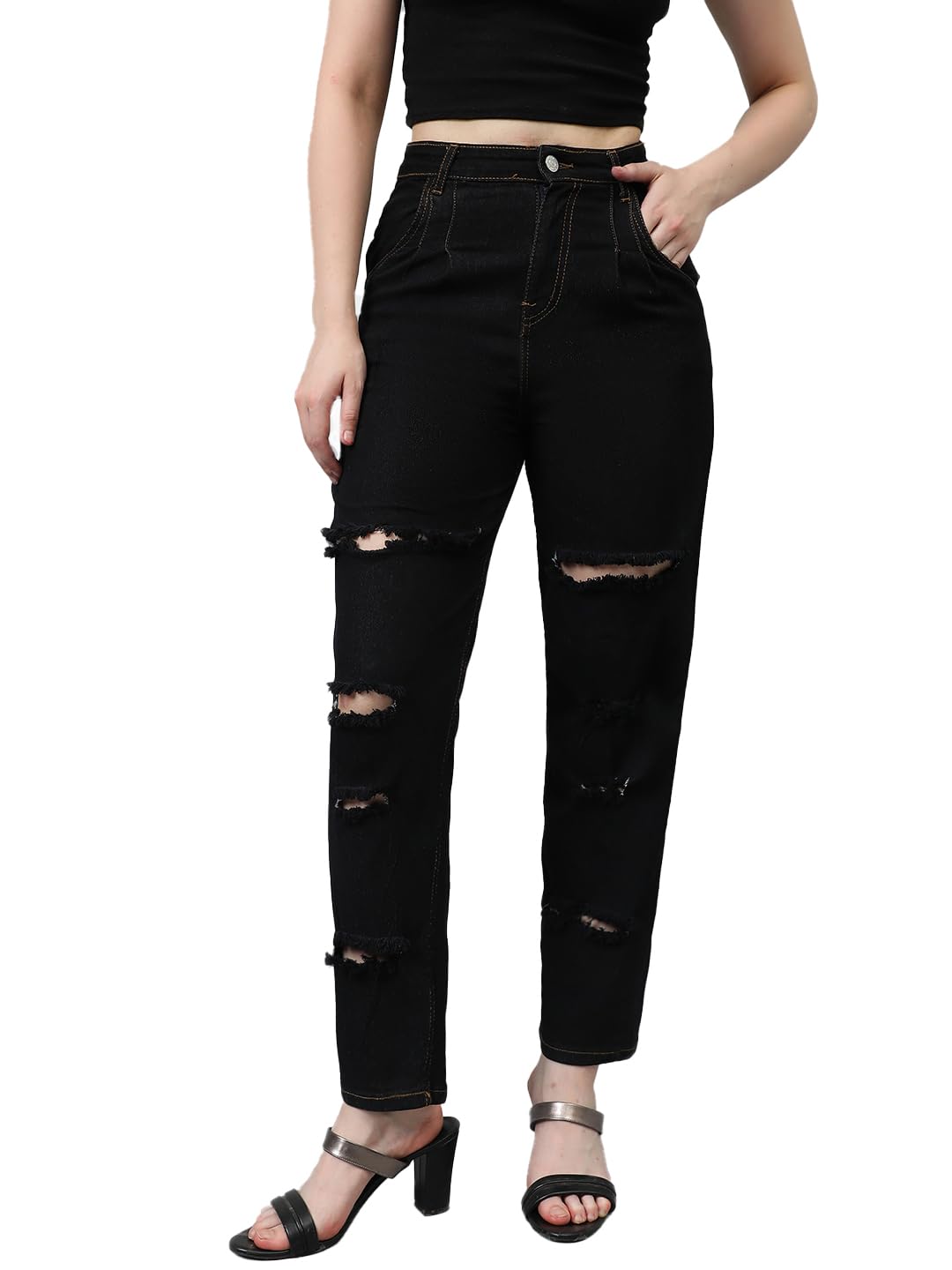 Kotty Women High Rise Cotton Lycra Distressed Jeans Jet Black
