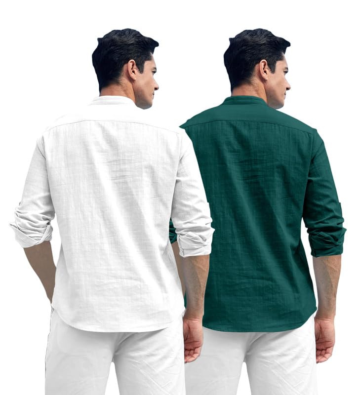 Macsivo Combo Of MenS Cotton Polyester Blend Solid Regular Fit Full Sleeve Short Kurta Pack Of 2 White-Green
