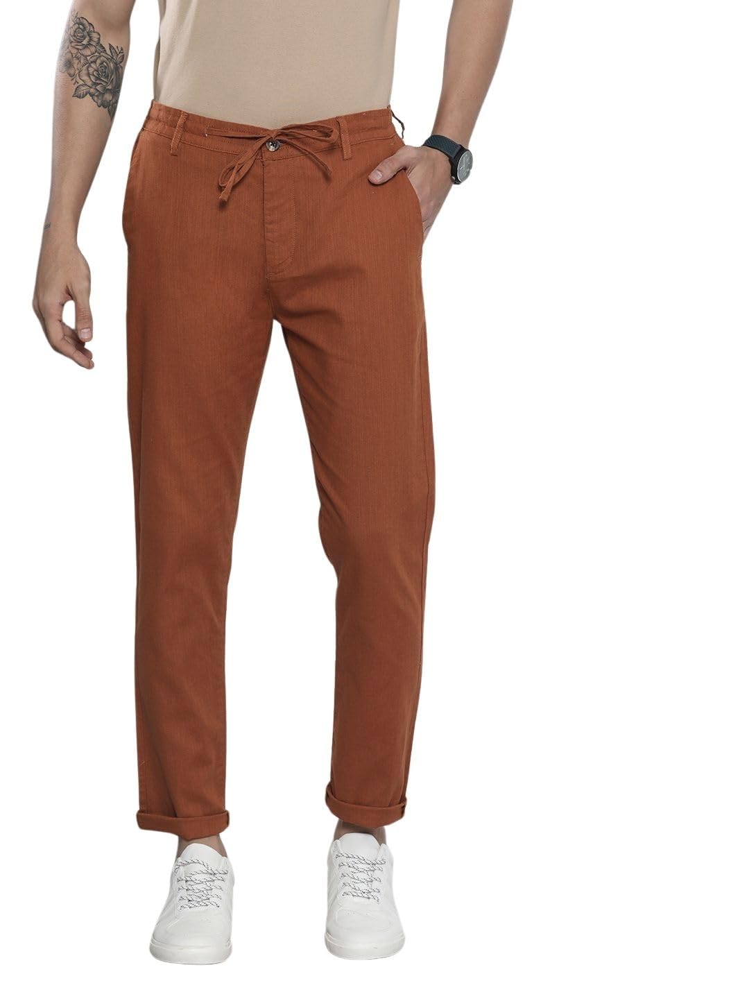 The Indian Garage Co Men Slim Fit Solid Mid-Rise Elasticated Linen Trousers