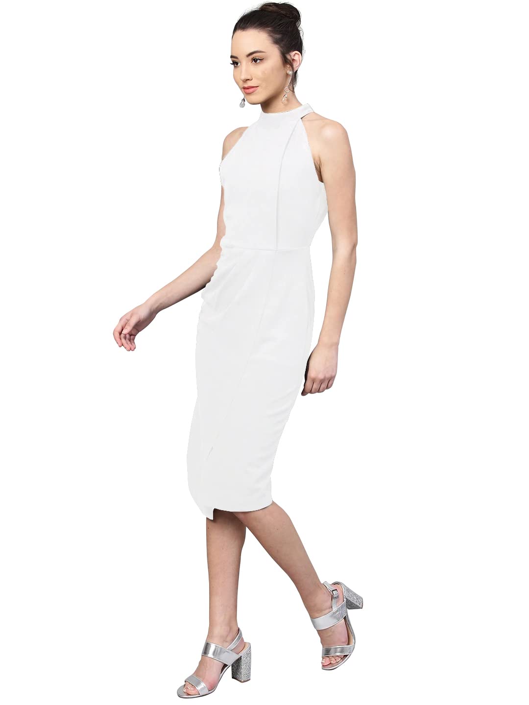 Shasmi Polyester Blend Bodycon Knee-Length WomenS Elegant Halter Neck Pleated Flounce Sleeveless Midi Dress (Dresses For Tops_W