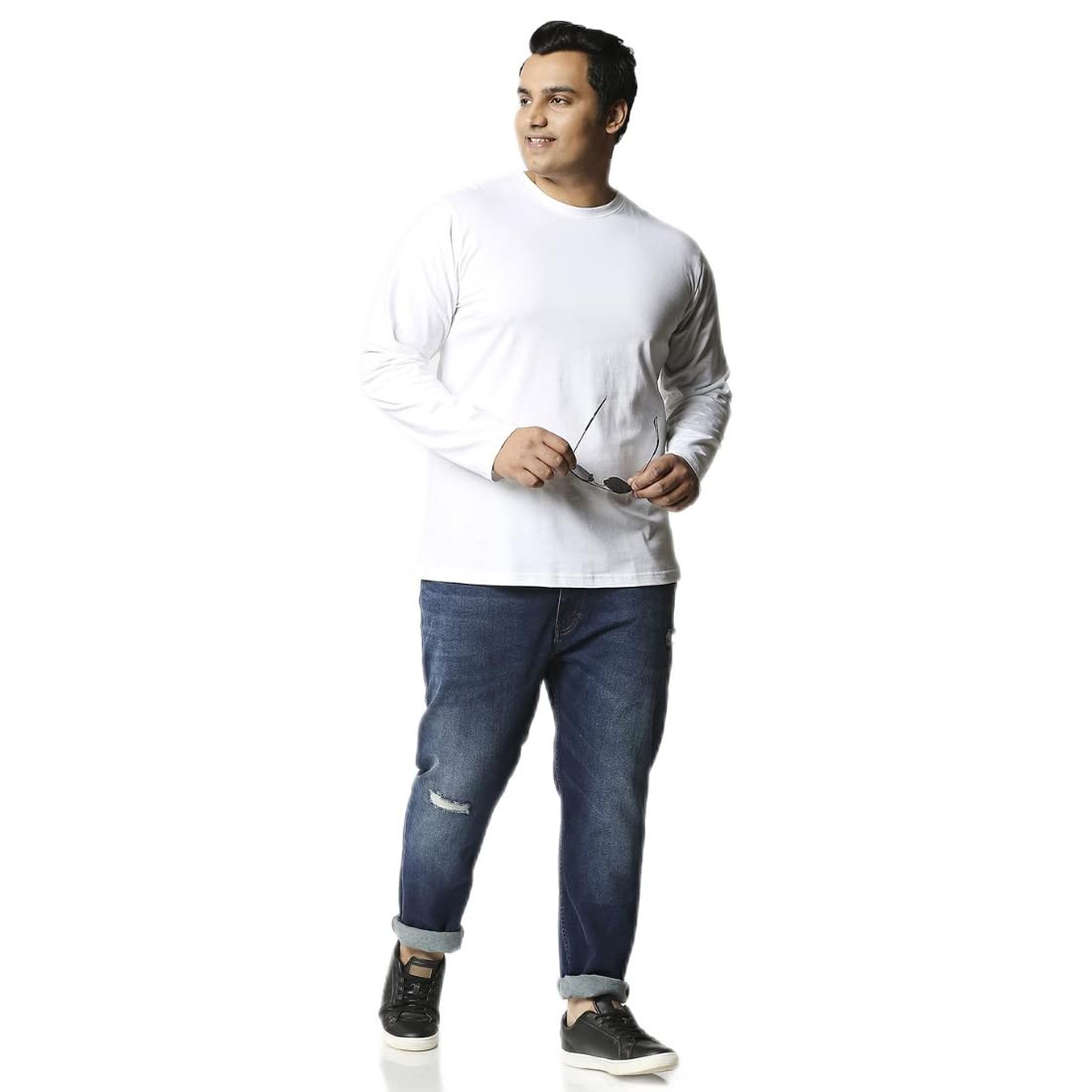 Bewakoof Mens Solid 100% Cotton Plus Size T-Shirt - Regular Fit, Round Neck, Full Sleeves White