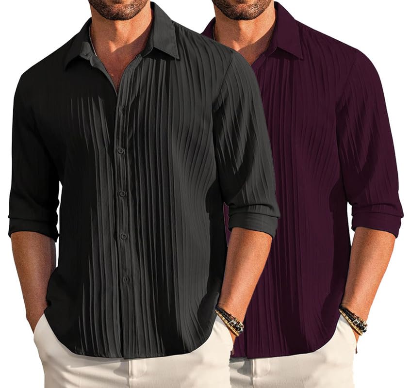 Deelmo Combo Of MenS Casual Button Down Shirts Long Sleeve Linen Shirt Fashion Textured Summer Shirts Pack Of 2 Black - Purple