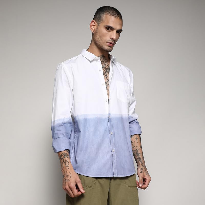 Campus Sutra Mens White & Blue Contrast Ombre Shirt for Casual Wear | Spread Collar | Long Sleeve | Button Closure | Cotton Shi