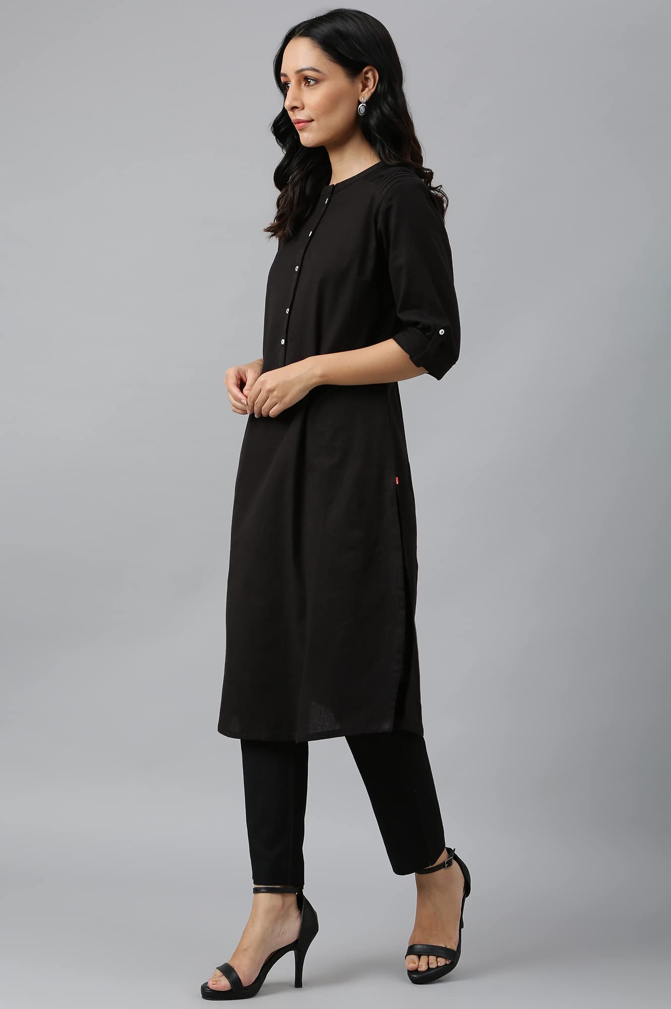W Black Solid Cotton Blend Straight Long Kurta For Women