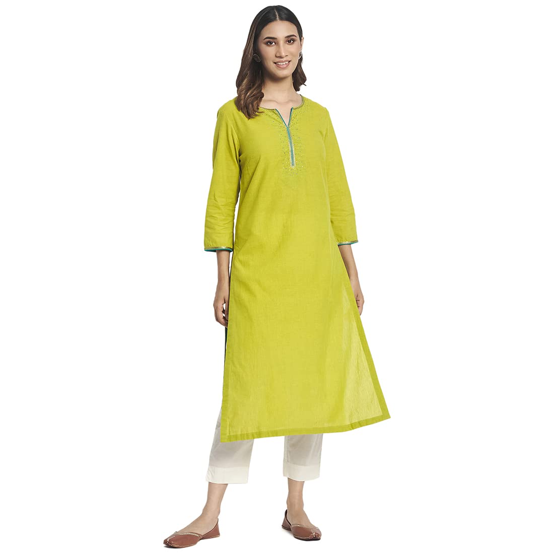 Fabindia Women Cotton Embroidered Long Kurta Green_Xs